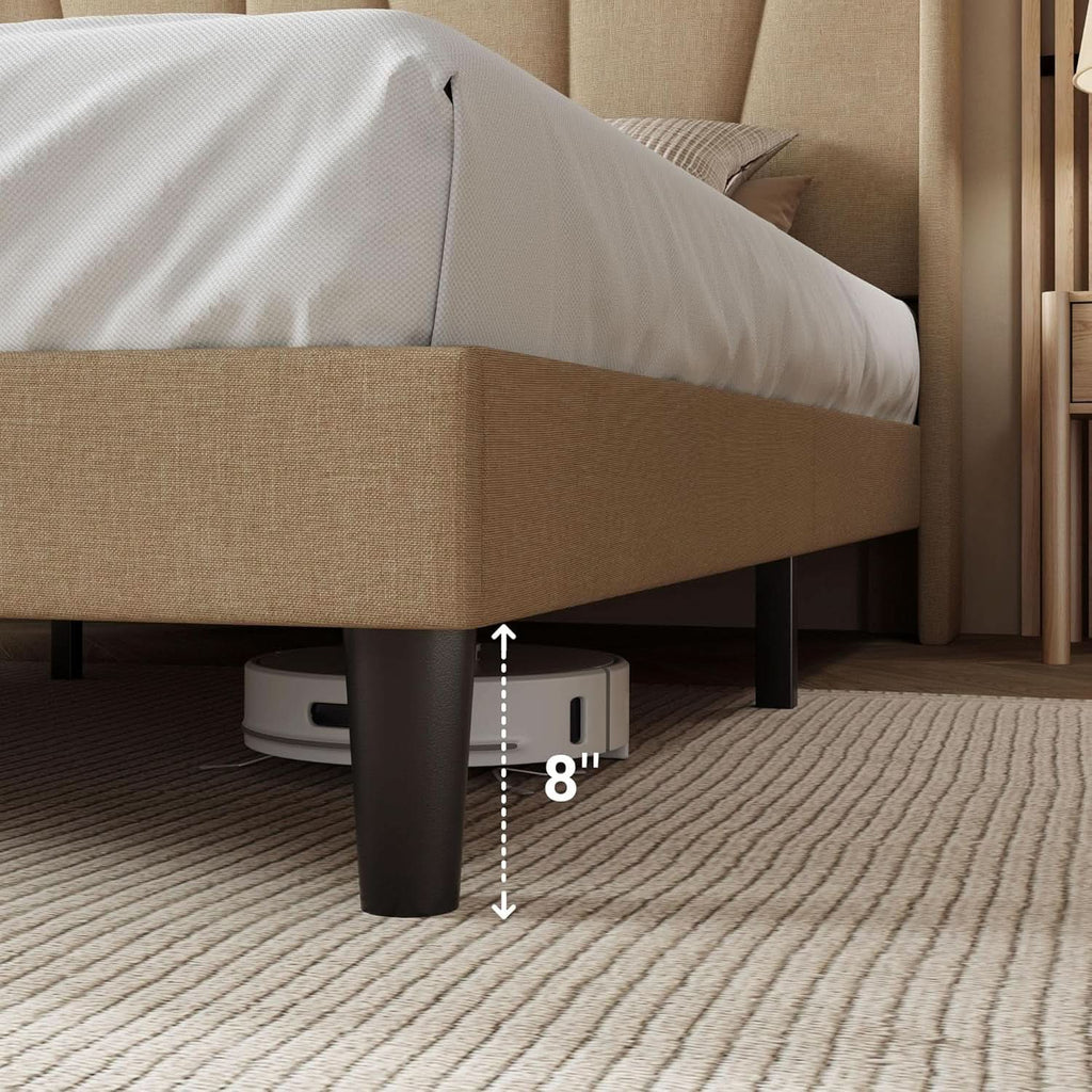 King Size Upholstered Bed Frame Beige Geometric Headboard-4
