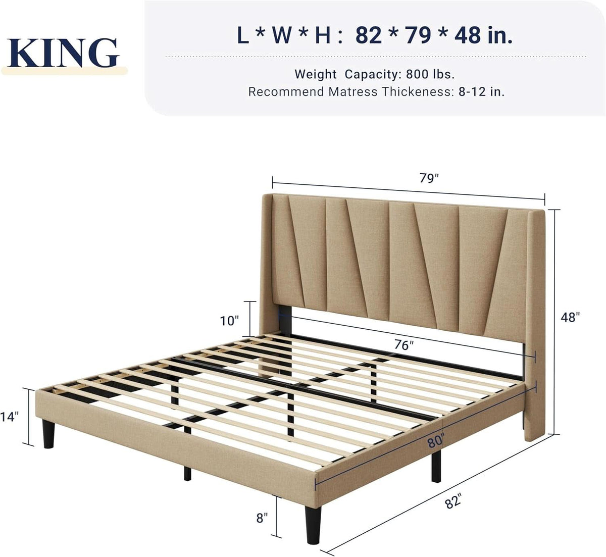 King Size Upholstered Bed Frame Beige Geometric Headboard-1