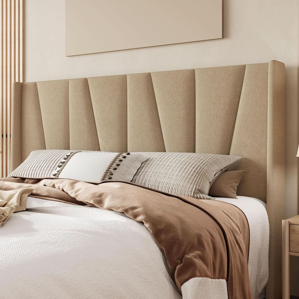 King Size Upholstered Bed Frame Beige Geometric Headboard-3