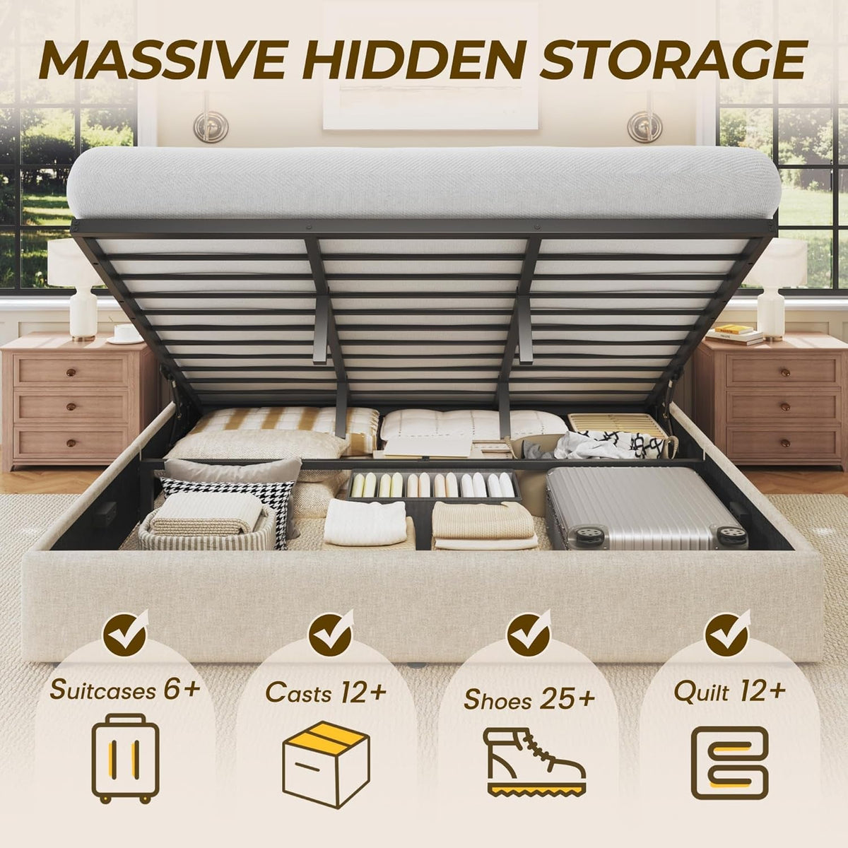 King Size Storage Bed Frame Beige Textured Upholstered-2