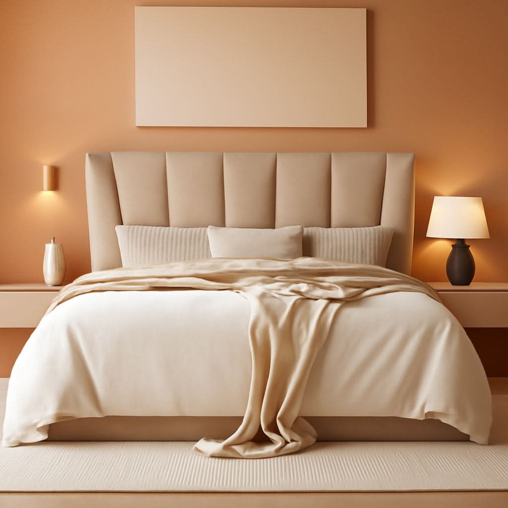 King Size Upholstered Bed Frame Beige Geometric Headboard-0