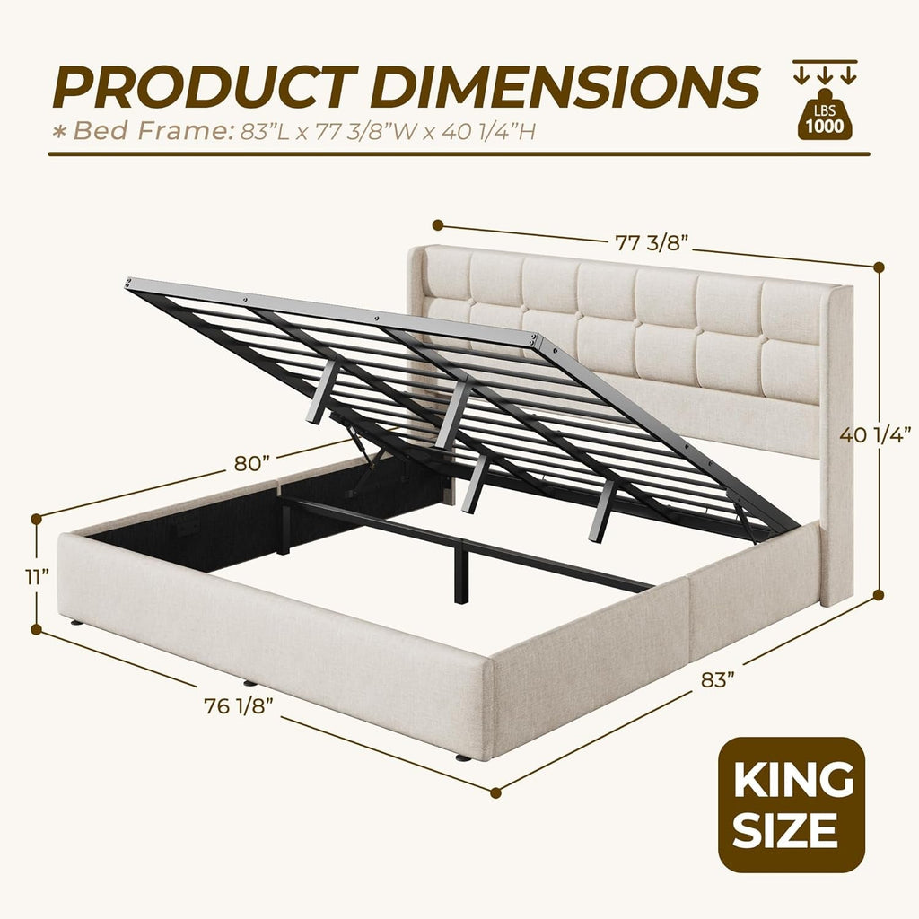 King Size Storage Bed Frame Beige Textured Upholstered-1