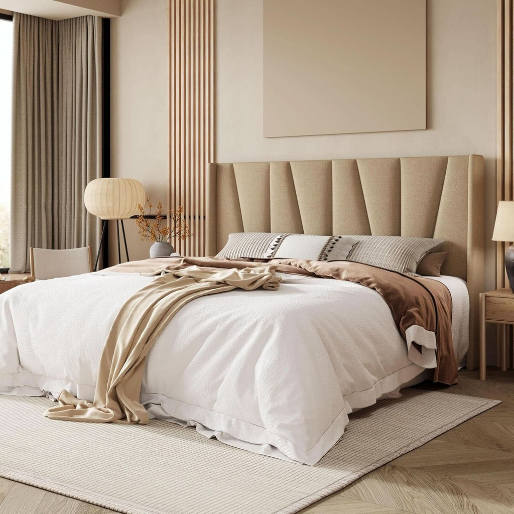 King Size Upholstered Bed Frame Beige Geometric Headboard-2