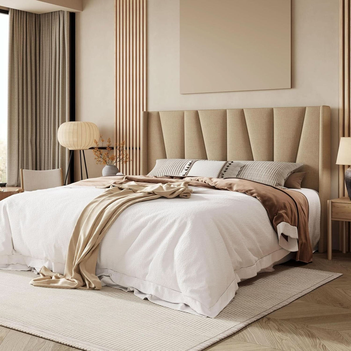 King Size Upholstered Bed Frame Beige Geometric Headboard-2