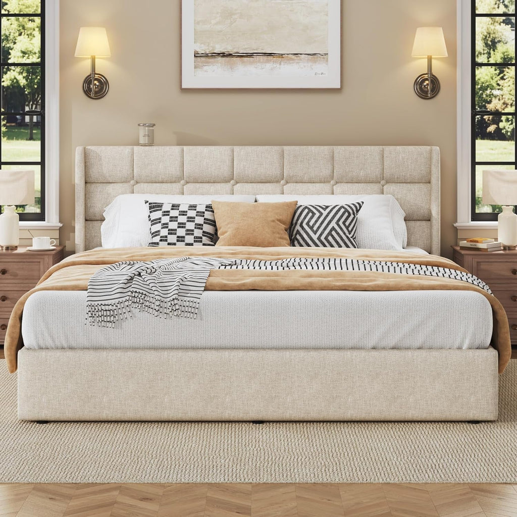 King Size Storage Bed Frame Beige Textured Upholstered-4